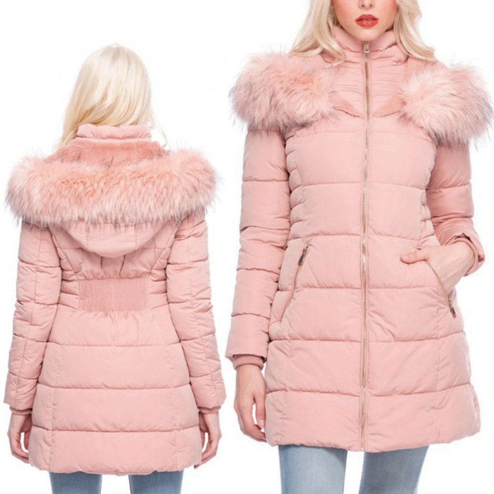 NEW Blush Pink Faux Fur Lined Puffer Coat Jacket - Picture 13 of 14
